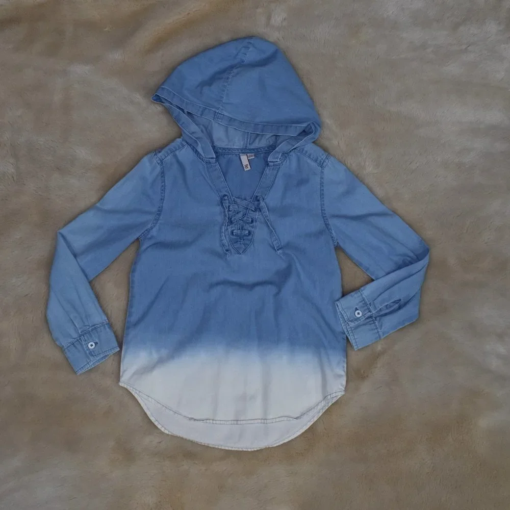 Girls Denim Hooded Shirt Dress Size 7 Long Sleeve
